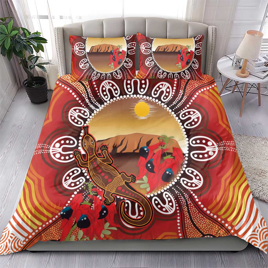Indigenous Goanna Australia Bedding Set Aussie Uluru Ayers Rock Sturt's Desert Pea