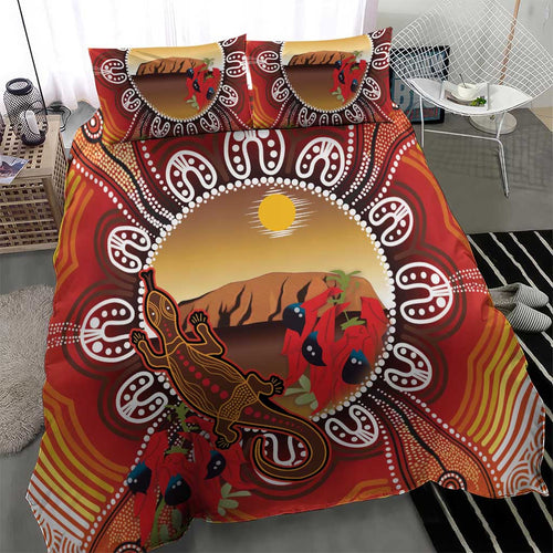 Indigenous Goanna Australia Bedding Set Aussie Uluru Ayers Rock Sturt's Desert Pea