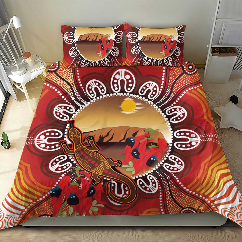 Indigenous Goanna Australia Bedding Set Aussie Uluru Ayers Rock Sturt's Desert Pea