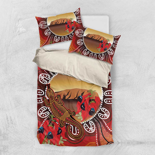 Indigenous Goanna Australia Bedding Set Aussie Uluru Ayers Rock Sturt's Desert Pea