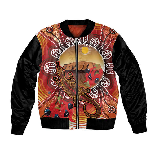 Indigenous Goanna Australia Bomber Jacket Aussie Uluru Ayers Rock Sturt's Desert Pea