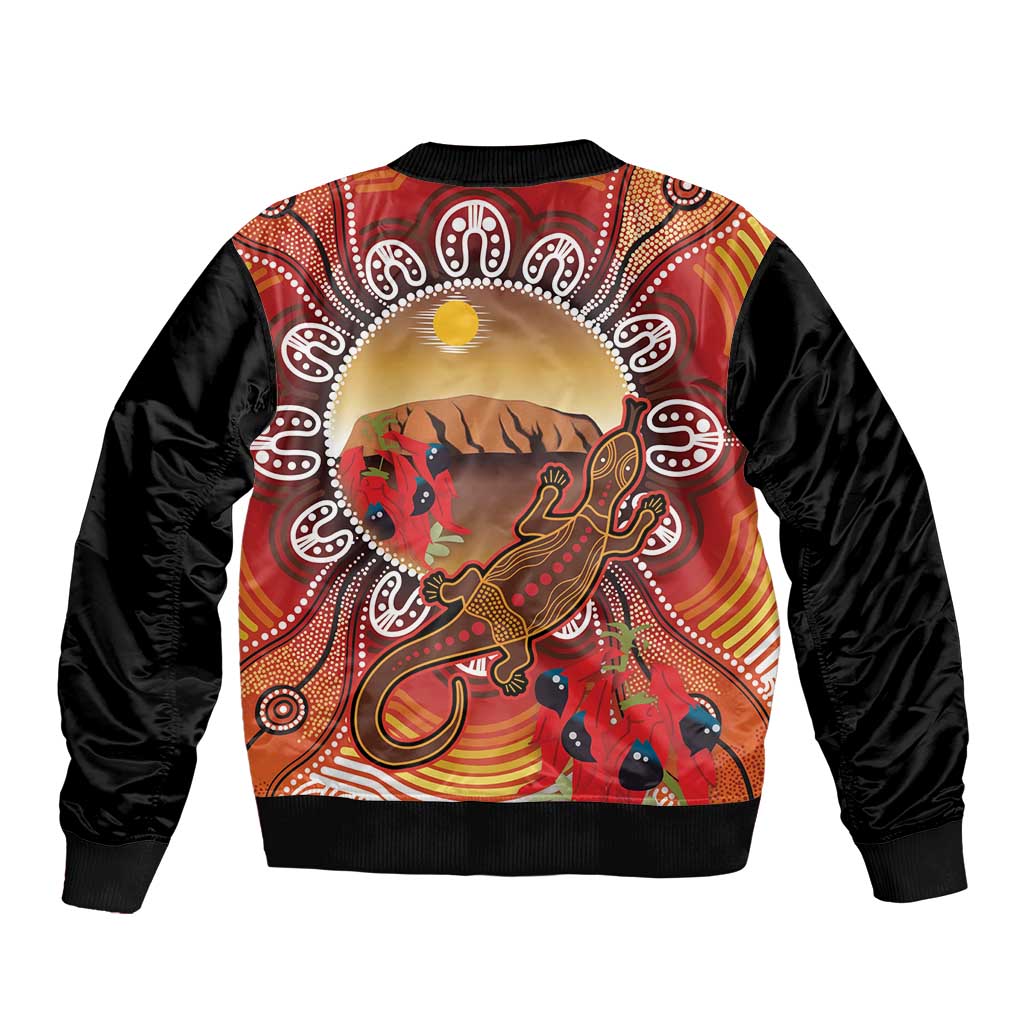 Indigenous Goanna Australia Bomber Jacket Aussie Uluru Ayers Rock Sturt's Desert Pea