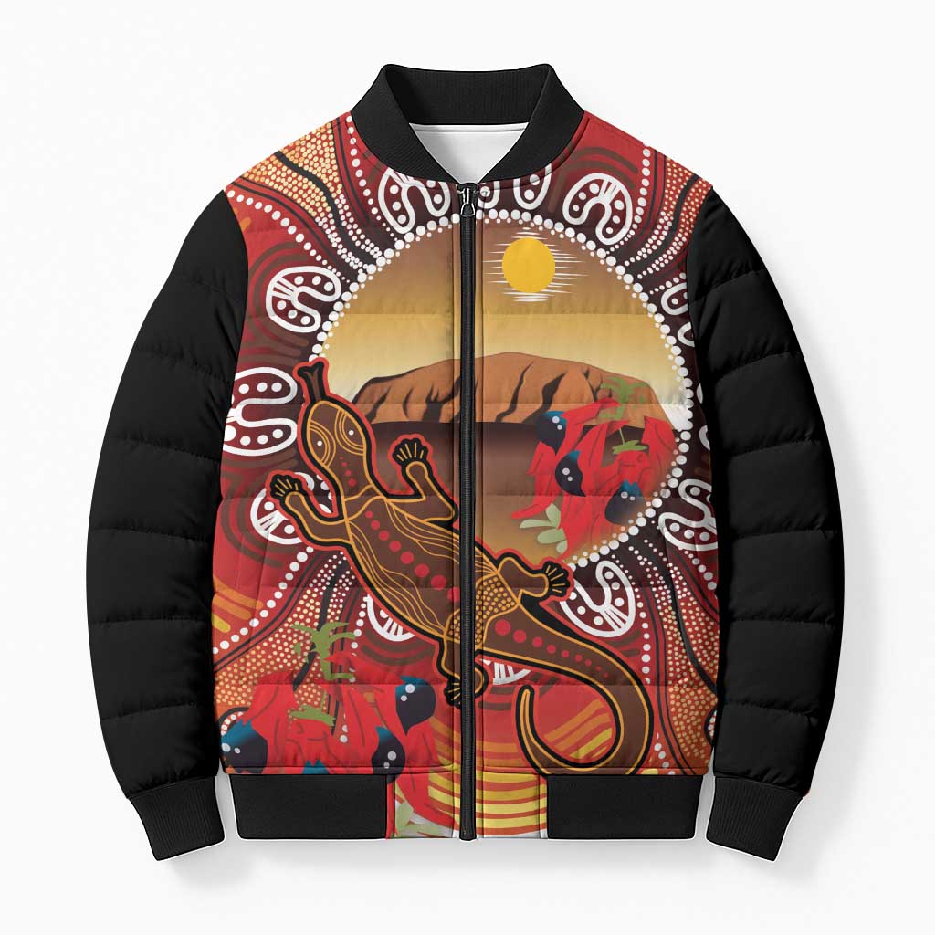 Indigenous Goanna Australia Bomber Puffer Jacket Aussie Uluru Ayers Rock Sturt's Desert Pea