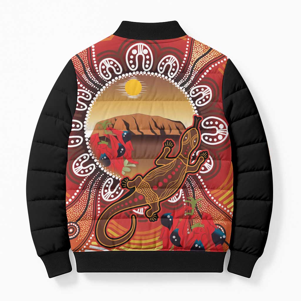 Indigenous Goanna Australia Bomber Puffer Jacket Aussie Uluru Ayers Rock Sturt's Desert Pea