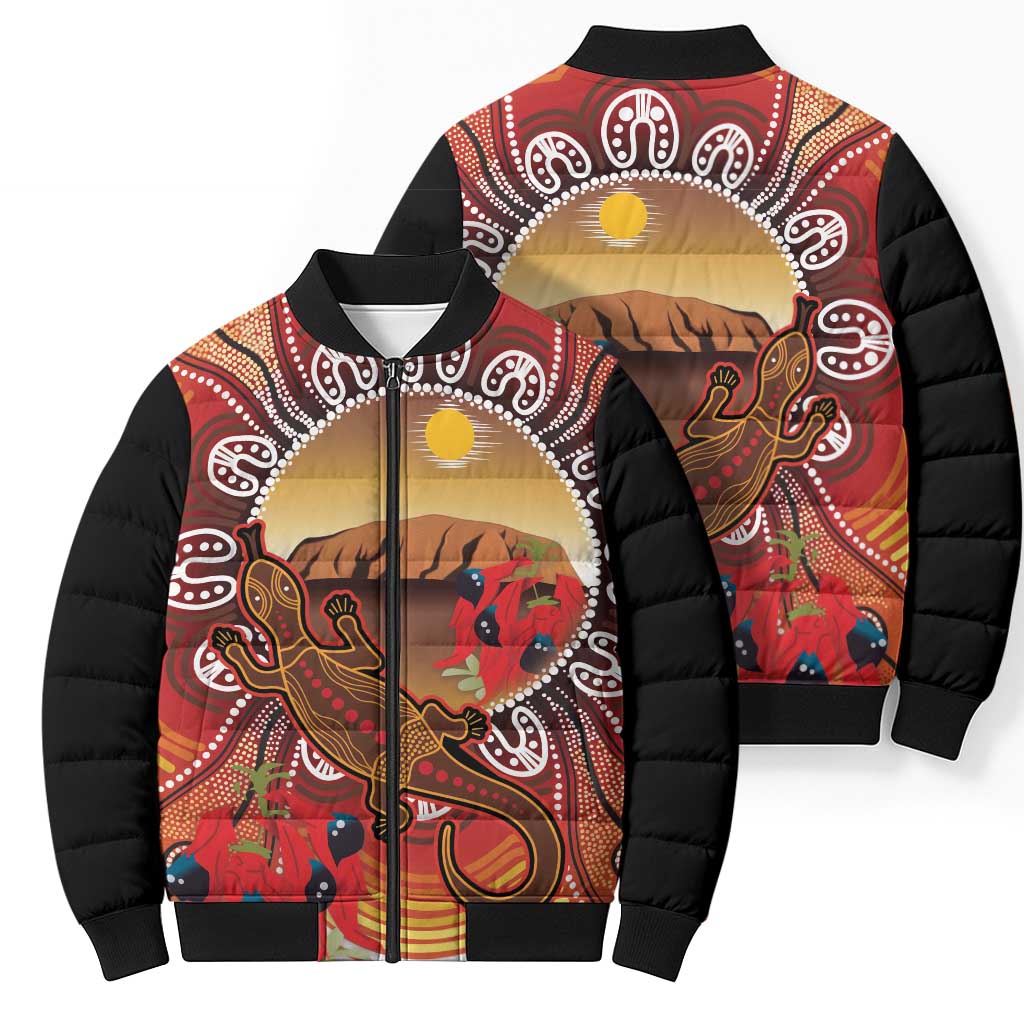 Indigenous Goanna Australia Bomber Puffer Jacket Aussie Uluru Ayers Rock Sturt's Desert Pea