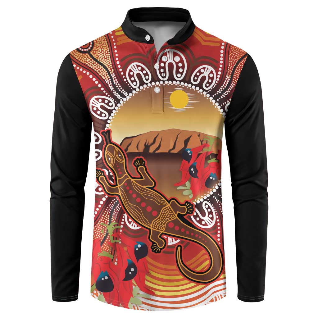 Indigenous Goanna Australia Button Sweatshirt Aussie Uluru Ayers Rock Sturt's Desert Pea