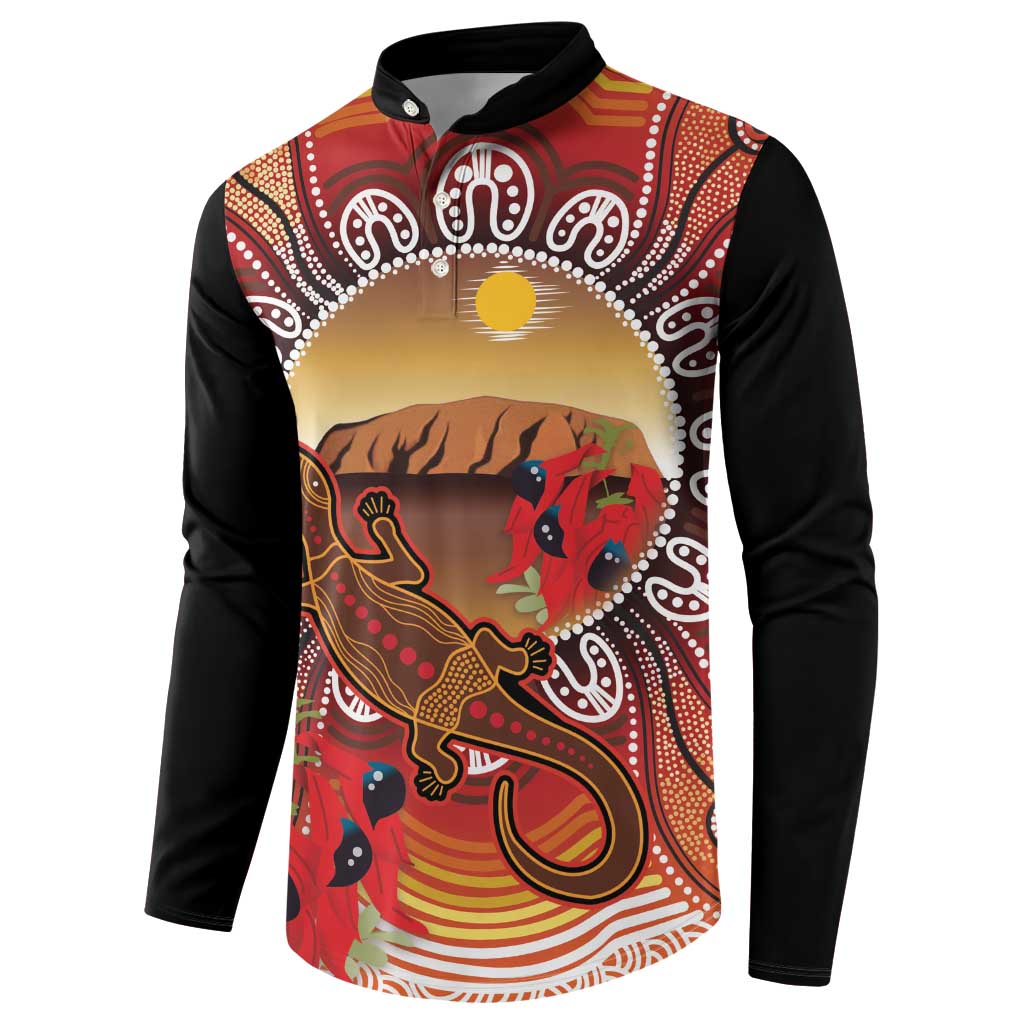 Indigenous Goanna Australia Button Sweatshirt Aussie Uluru Ayers Rock Sturt's Desert Pea