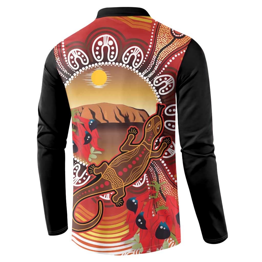 Indigenous Goanna Australia Button Sweatshirt Aussie Uluru Ayers Rock Sturt's Desert Pea