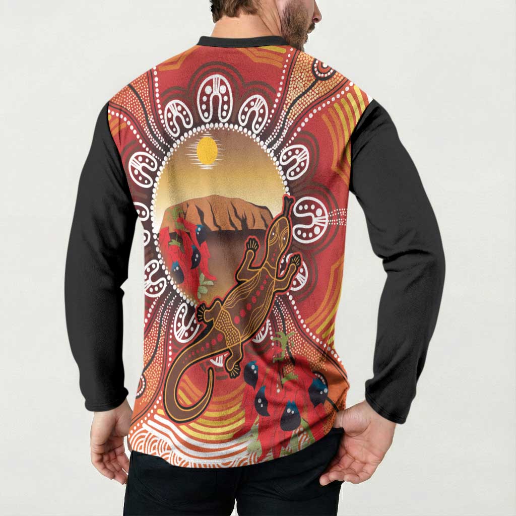 Indigenous Goanna Australia Button Sweatshirt Aussie Uluru Ayers Rock Sturt's Desert Pea