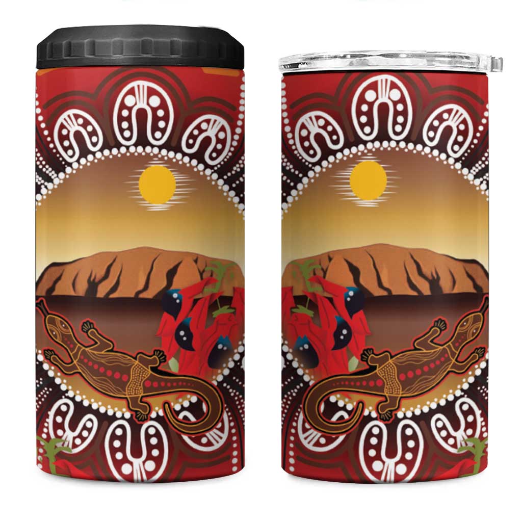 Indigenous Goanna Australia 4 in 1 Can Cooler Tumbler Aussie Uluru Ayers Rock Sturt's Desert Pea