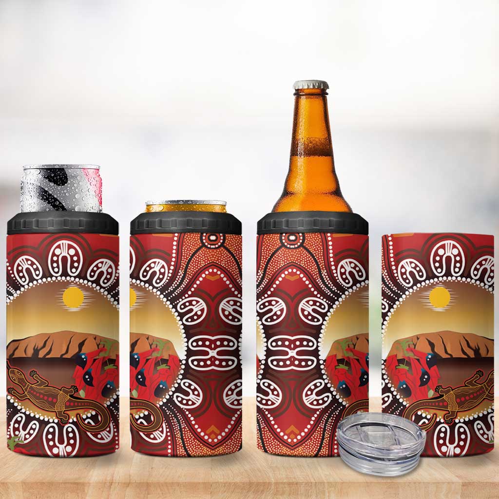 Indigenous Goanna Australia 4 in 1 Can Cooler Tumbler Aussie Uluru Ayers Rock Sturt's Desert Pea