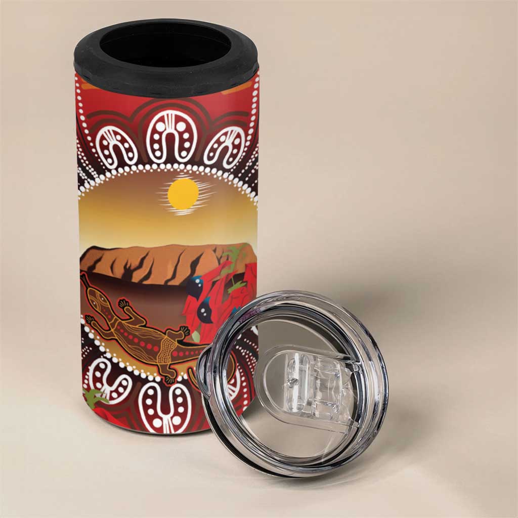 Indigenous Goanna Australia 4 in 1 Can Cooler Tumbler Aussie Uluru Ayers Rock Sturt's Desert Pea