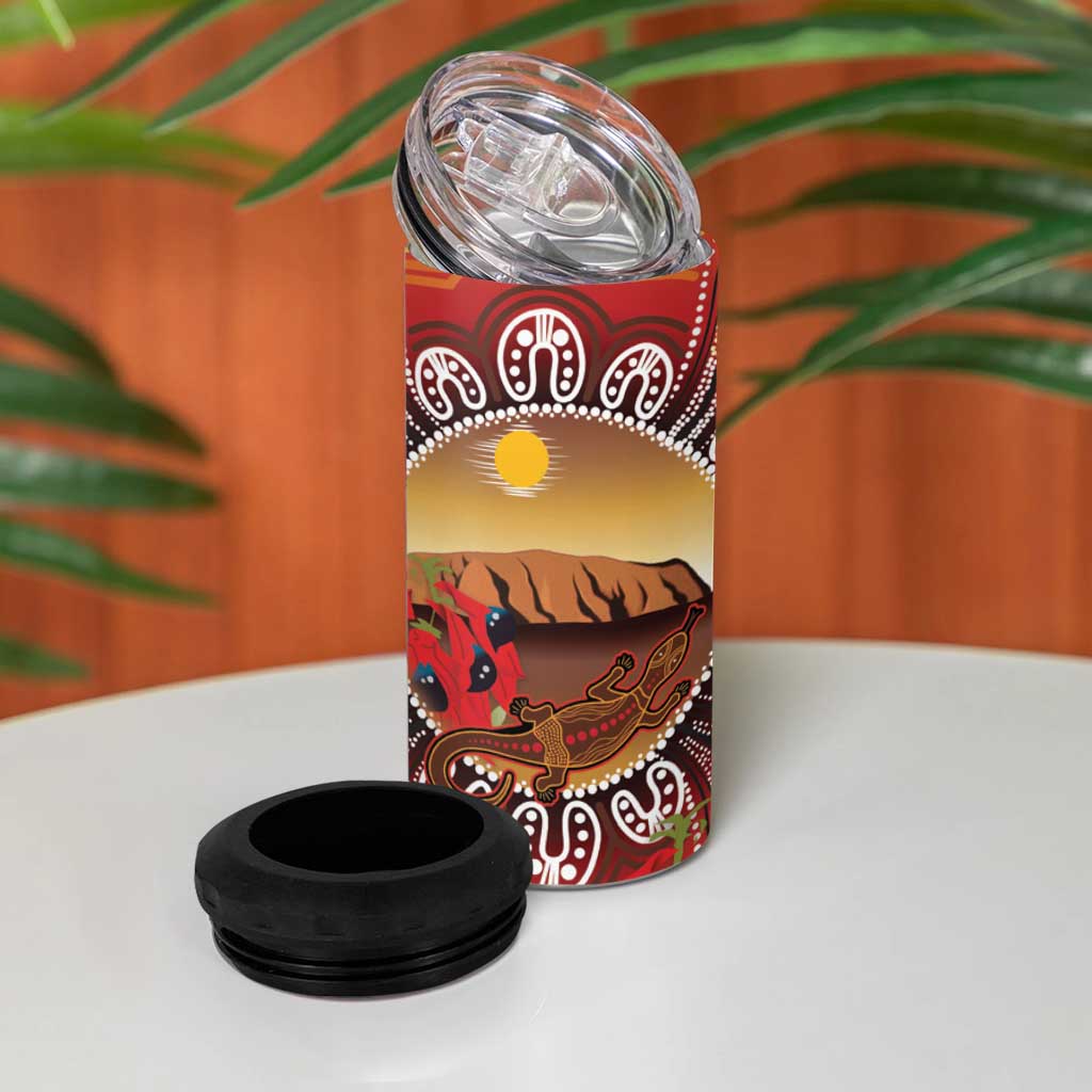 Indigenous Goanna Australia 4 in 1 Can Cooler Tumbler Aussie Uluru Ayers Rock Sturt's Desert Pea