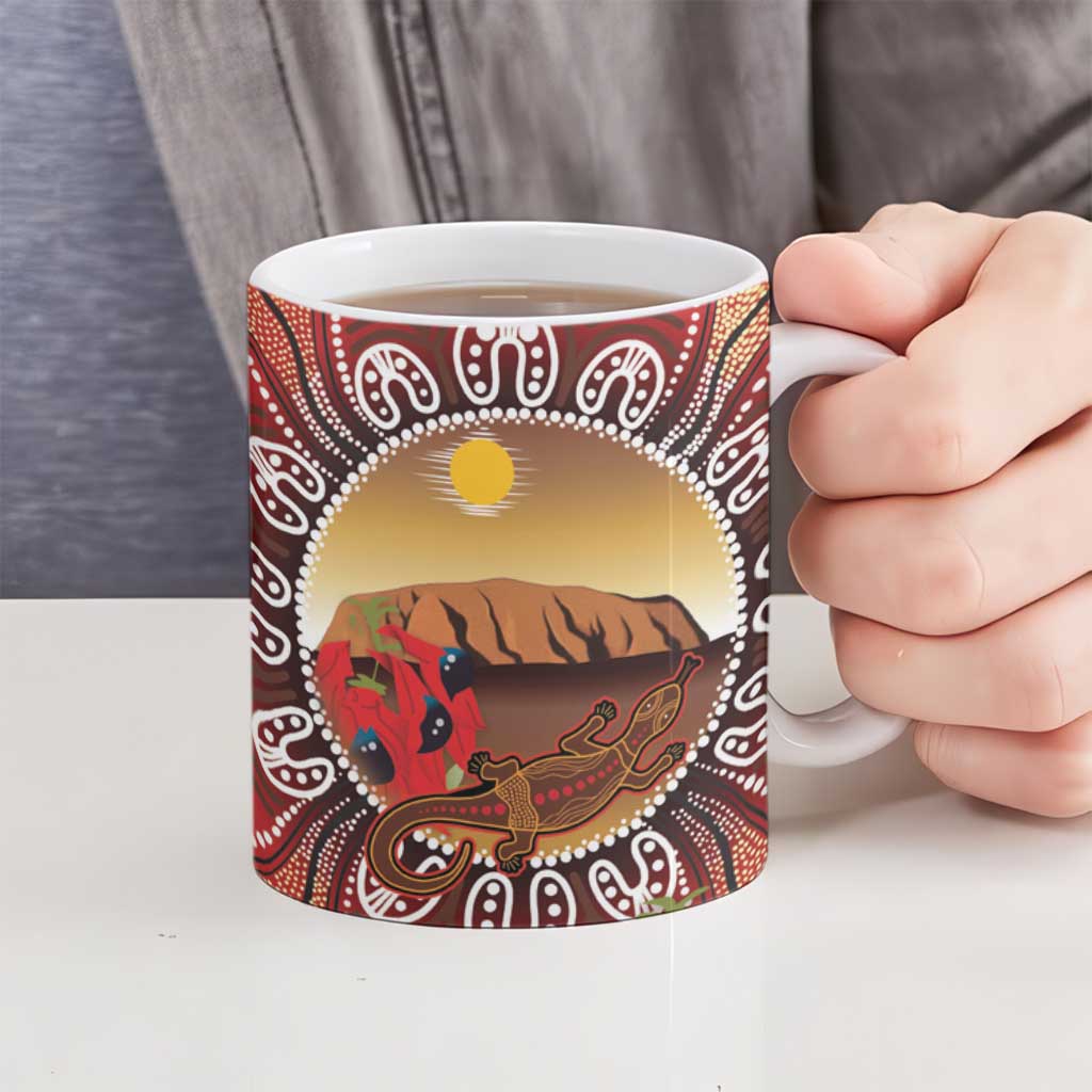 Indigenous Goanna Australia Ceramic Mug Aussie Uluru Ayers Rock Sturt's Desert Pea