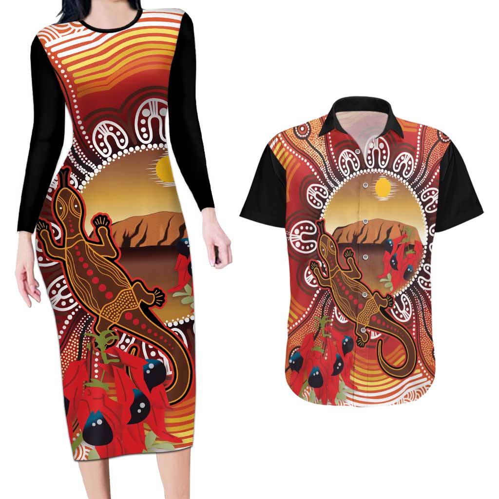 Indigenous Goanna Australia Couples Matching Long Sleeve Bodycon Dress and Hawaiian Shirt Aussie Uluru Ayers Rock Sturt's Desert Pea