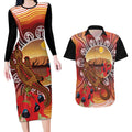 Indigenous Goanna Australia Couples Matching Long Sleeve Bodycon Dress and Hawaiian Shirt Aussie Uluru Ayers Rock Sturt's Desert Pea