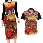 Indigenous Goanna Australia Couples Matching Long Sleeve Bodycon Dress and Hawaiian Shirt Aussie Uluru Ayers Rock Sturt's Desert Pea