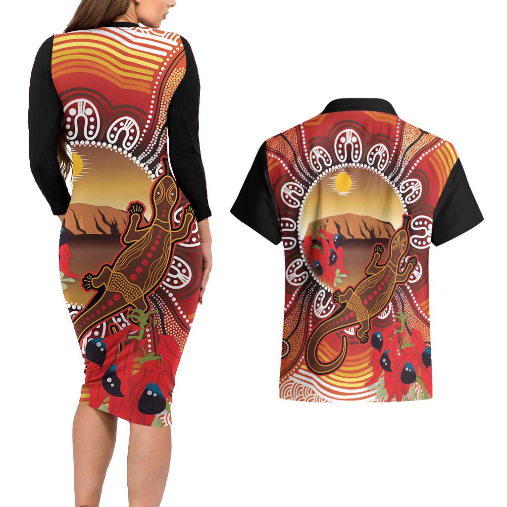 Indigenous Goanna Australia Couples Matching Long Sleeve Bodycon Dress and Hawaiian Shirt Aussie Uluru Ayers Rock Sturt's Desert Pea
