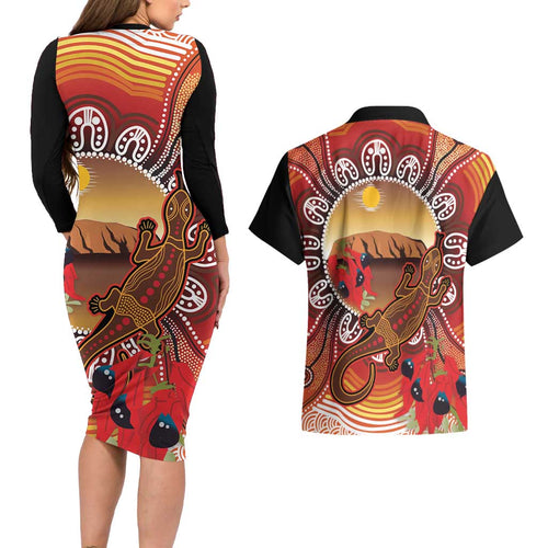 Indigenous Goanna Australia Couples Matching Long Sleeve Bodycon Dress and Hawaiian Shirt Aussie Uluru Ayers Rock Sturt's Desert Pea