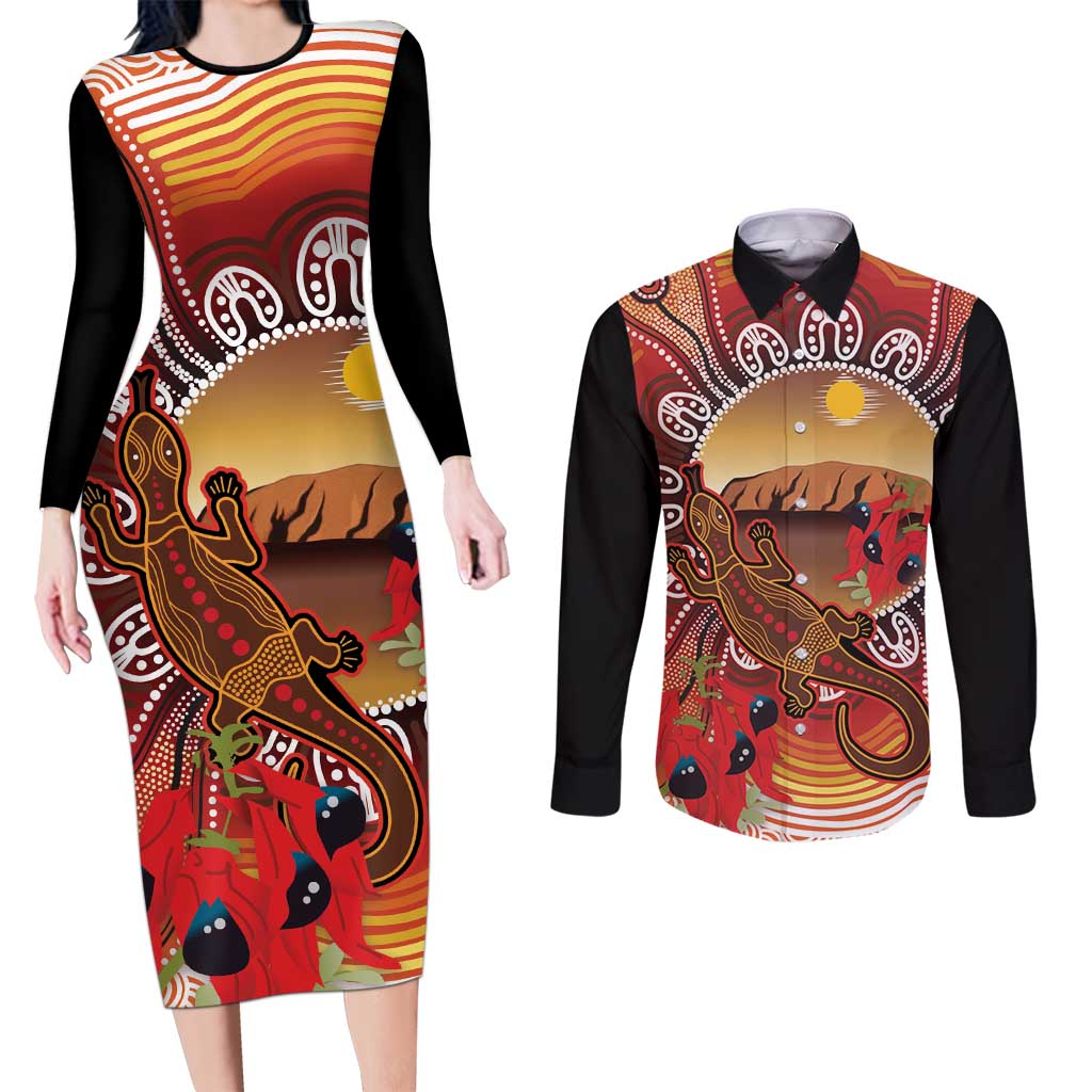 Indigenous Goanna Australia Couples Matching Long Sleeve Bodycon Dress and Long Sleeve Button Shirt Aussie Uluru Ayers Rock Sturt's Desert Pea