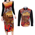 Indigenous Goanna Australia Couples Matching Long Sleeve Bodycon Dress and Long Sleeve Button Shirt Aussie Uluru Ayers Rock Sturt's Desert Pea