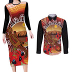 Indigenous Goanna Australia Couples Matching Long Sleeve Bodycon Dress and Long Sleeve Button Shirt Aussie Uluru Ayers Rock Sturt's Desert Pea