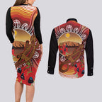 Indigenous Goanna Australia Couples Matching Long Sleeve Bodycon Dress and Long Sleeve Button Shirt Aussie Uluru Ayers Rock Sturt's Desert Pea
