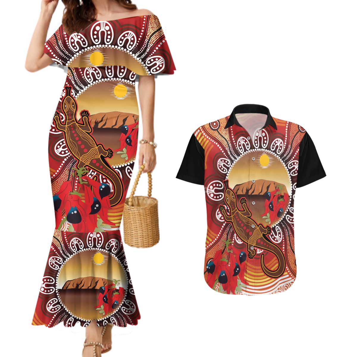Indigenous Goanna Australia Couples Matching Mermaid Dress and Hawaiian Shirt Aussie Uluru Ayers Rock Sturt's Desert Pea