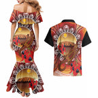 Indigenous Goanna Australia Couples Matching Mermaid Dress and Hawaiian Shirt Aussie Uluru Ayers Rock Sturt's Desert Pea