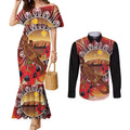 Indigenous Goanna Australia Couples Matching Mermaid Dress and Long Sleeve Button Shirt Aussie Uluru Ayers Rock Sturt's Desert Pea