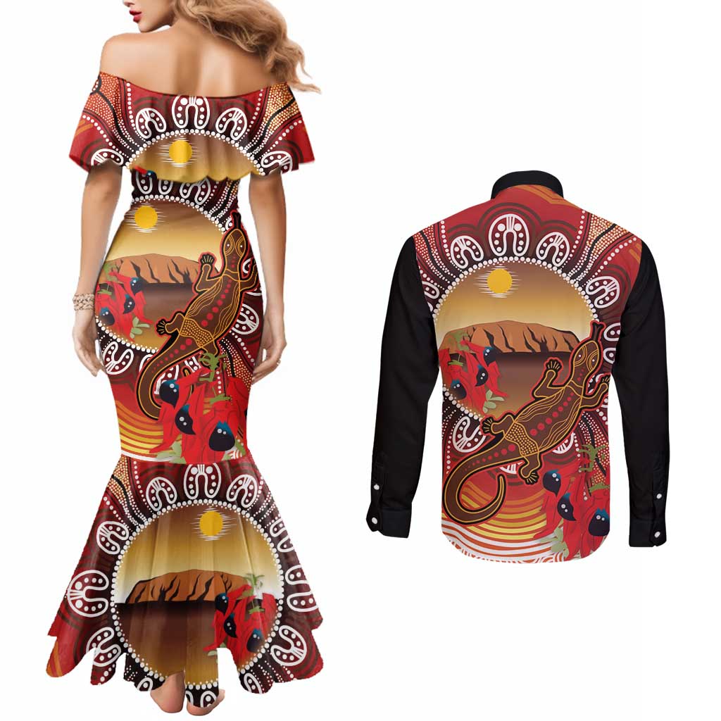 Indigenous Goanna Australia Couples Matching Mermaid Dress and Long Sleeve Button Shirt Aussie Uluru Ayers Rock Sturt's Desert Pea
