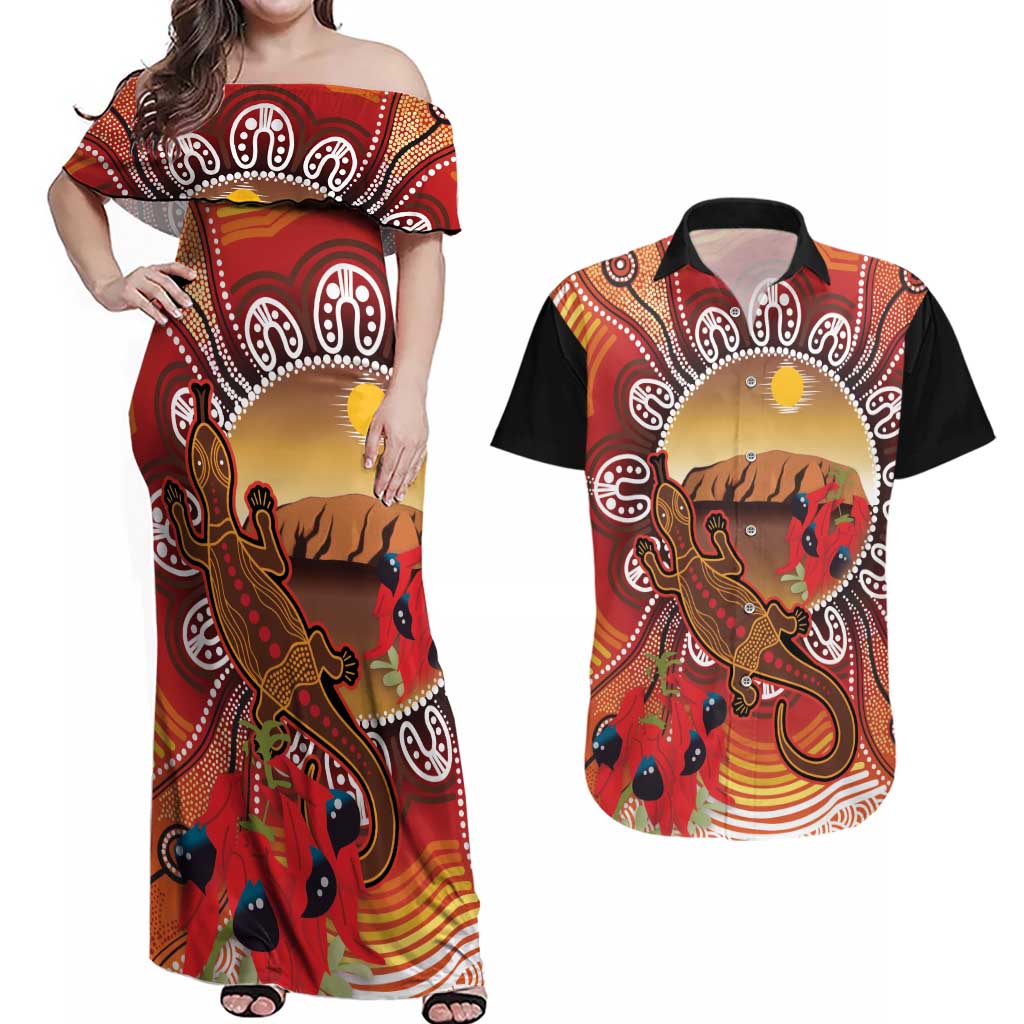 Indigenous Goanna Australia Couples Matching Off Shoulder Maxi Dress and Hawaiian Shirt Aussie Uluru Ayers Rock Sturt's Desert Pea
