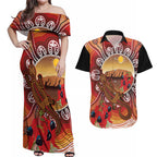 Indigenous Goanna Australia Couples Matching Off Shoulder Maxi Dress and Hawaiian Shirt Aussie Uluru Ayers Rock Sturt's Desert Pea