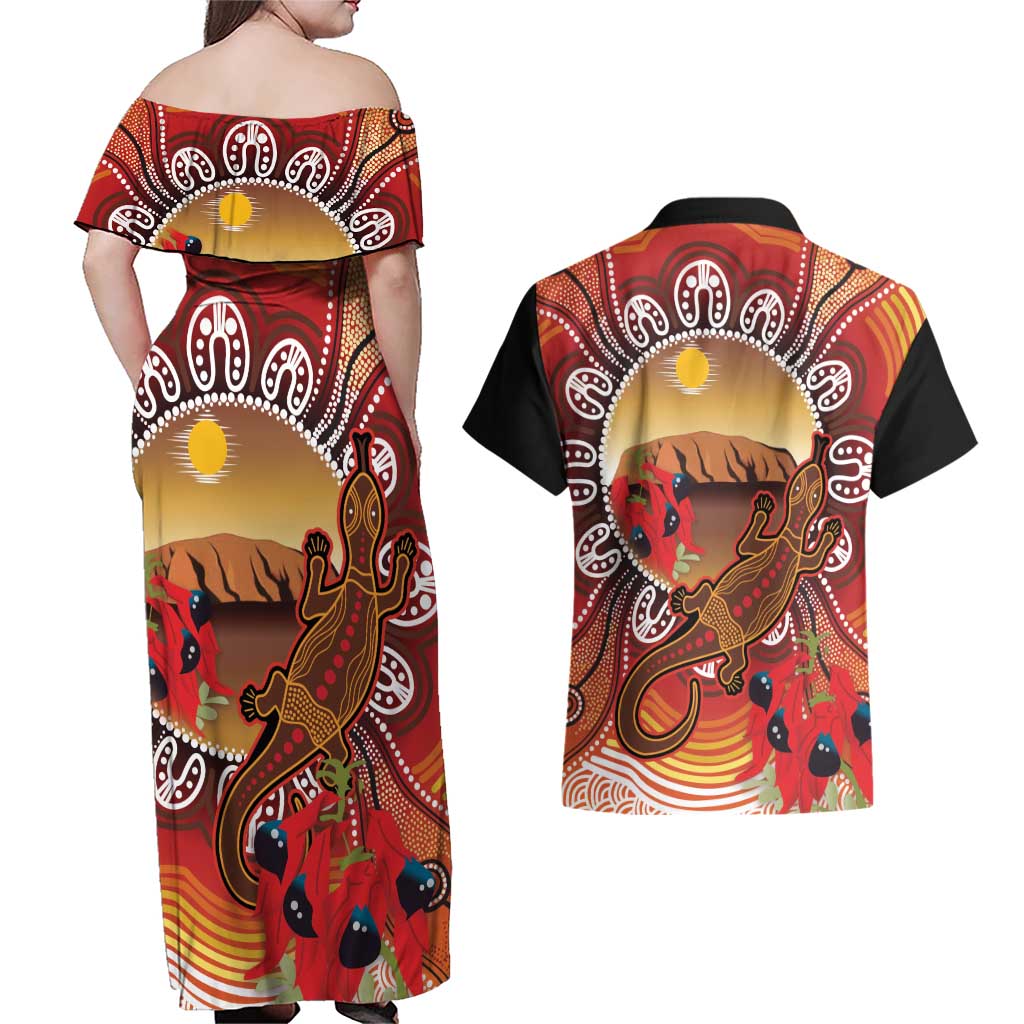 Indigenous Goanna Australia Couples Matching Off Shoulder Maxi Dress and Hawaiian Shirt Aussie Uluru Ayers Rock Sturt's Desert Pea