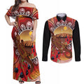 Indigenous Goanna Australia Couples Matching Off Shoulder Maxi Dress and Long Sleeve Button Shirt Aussie Uluru Ayers Rock Sturt's Desert Pea