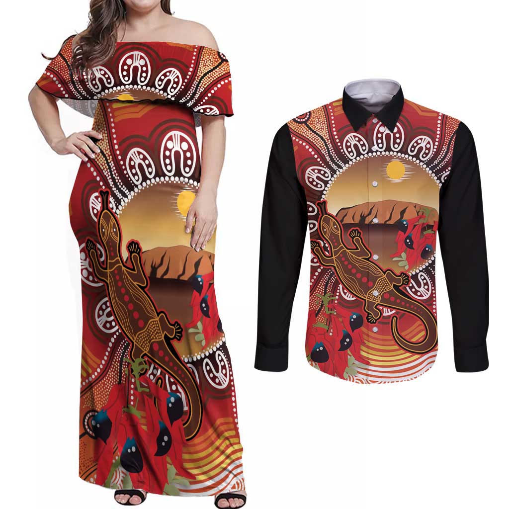 Indigenous Goanna Australia Couples Matching Off Shoulder Maxi Dress and Long Sleeve Button Shirt Aussie Uluru Ayers Rock Sturt's Desert Pea
