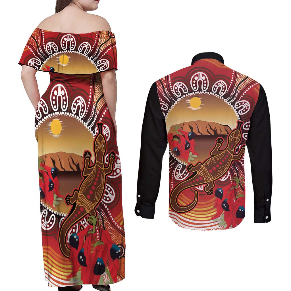 Indigenous Goanna Australia Couples Matching Off Shoulder Maxi Dress and Long Sleeve Button Shirt Aussie Uluru Ayers Rock Sturt's Desert Pea