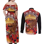 Indigenous Goanna Australia Couples Matching Off Shoulder Maxi Dress and Long Sleeve Button Shirt Aussie Uluru Ayers Rock Sturt's Desert Pea