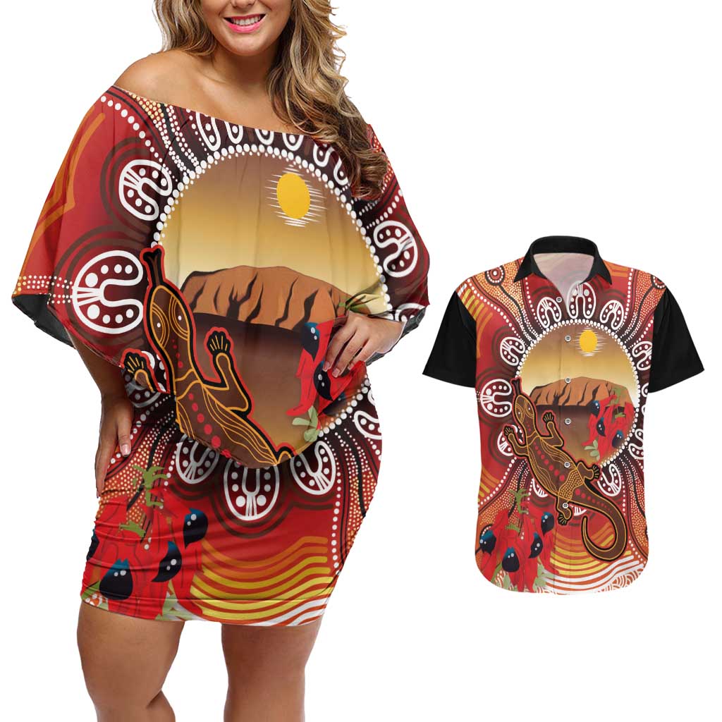 Indigenous Goanna Australia Couples Matching Off Shoulder Short Dress and Hawaiian Shirt Aussie Uluru Ayers Rock Sturt's Desert Pea
