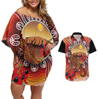 Indigenous Goanna Australia Couples Matching Off Shoulder Short Dress and Hawaiian Shirt Aussie Uluru Ayers Rock Sturt's Desert Pea