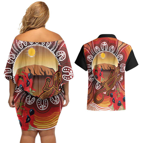 Indigenous Goanna Australia Couples Matching Off Shoulder Short Dress and Hawaiian Shirt Aussie Uluru Ayers Rock Sturt's Desert Pea