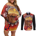 Indigenous Goanna Australia Couples Matching Off Shoulder Short Dress and Long Sleeve Button Shirt Aussie Uluru Ayers Rock Sturt's Desert Pea