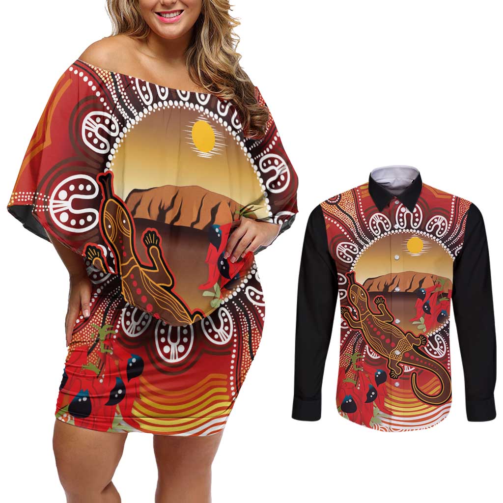 Indigenous Goanna Australia Couples Matching Off Shoulder Short Dress and Long Sleeve Button Shirt Aussie Uluru Ayers Rock Sturt's Desert Pea