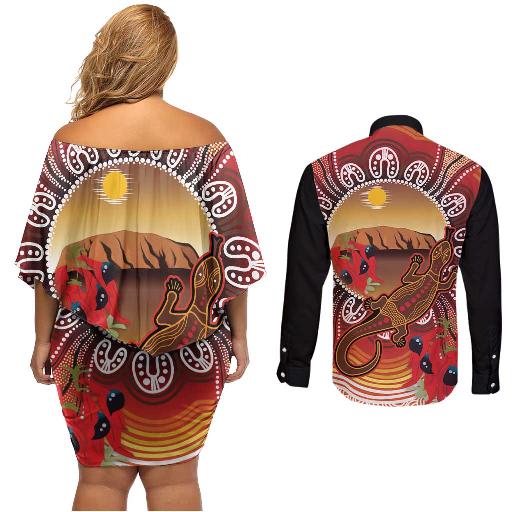 Indigenous Goanna Australia Couples Matching Off Shoulder Short Dress and Long Sleeve Button Shirt Aussie Uluru Ayers Rock Sturt's Desert Pea