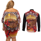 Indigenous Goanna Australia Couples Matching Off Shoulder Short Dress and Long Sleeve Button Shirt Aussie Uluru Ayers Rock Sturt's Desert Pea