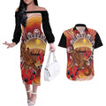Indigenous Goanna Australia Couples Matching Off The Shoulder Long Sleeve Dress and Hawaiian Shirt Aussie Uluru Ayers Rock Sturt's Desert Pea