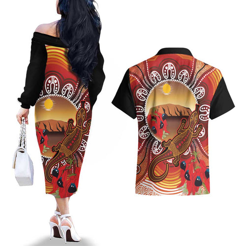 Indigenous Goanna Australia Couples Matching Off The Shoulder Long Sleeve Dress and Hawaiian Shirt Aussie Uluru Ayers Rock Sturt's Desert Pea