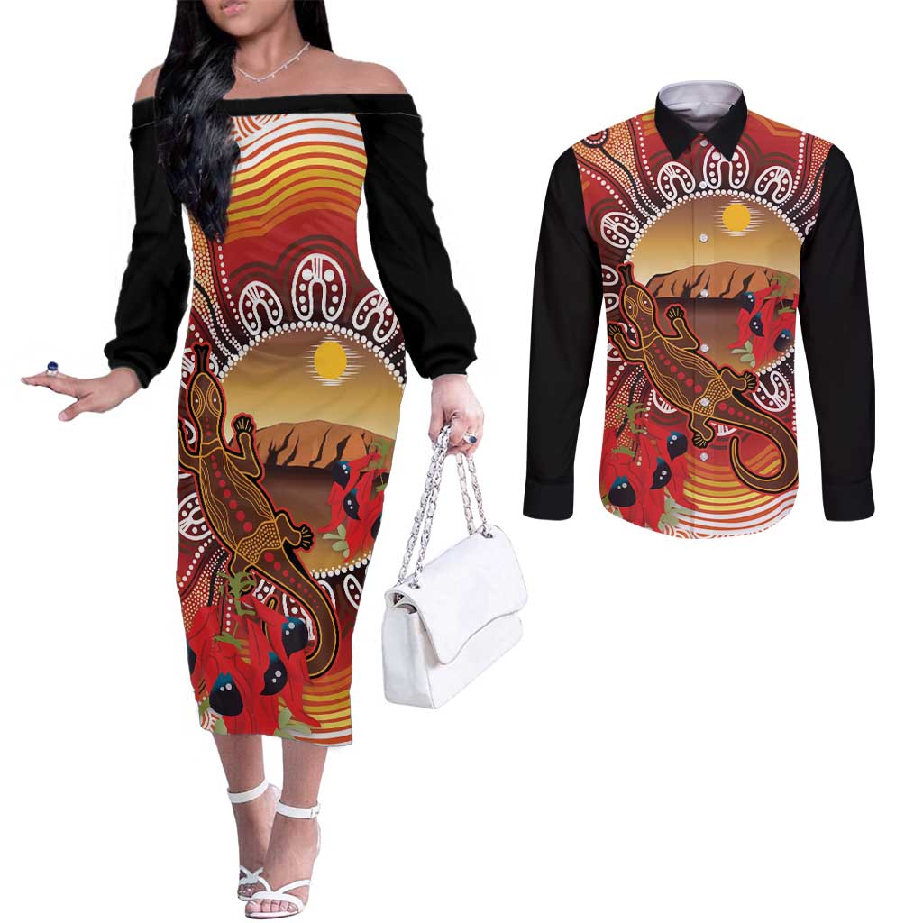 Indigenous Goanna Australia Couples Matching Off The Shoulder Long Sleeve Dress and Long Sleeve Button Shirt Aussie Uluru Ayers Rock Sturt's Desert Pea