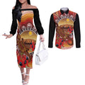 Indigenous Goanna Australia Couples Matching Off The Shoulder Long Sleeve Dress and Long Sleeve Button Shirt Aussie Uluru Ayers Rock Sturt's Desert Pea