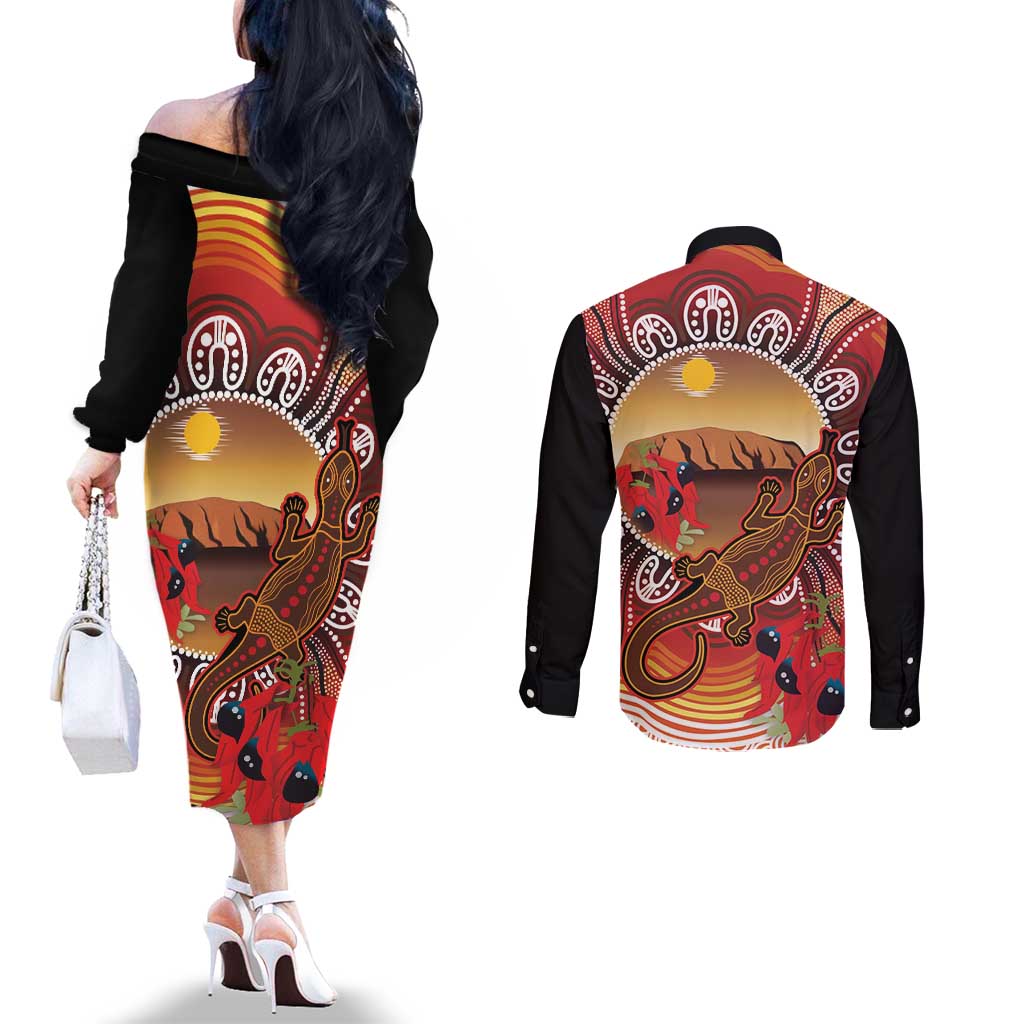 Indigenous Goanna Australia Couples Matching Off The Shoulder Long Sleeve Dress and Long Sleeve Button Shirt Aussie Uluru Ayers Rock Sturt's Desert Pea